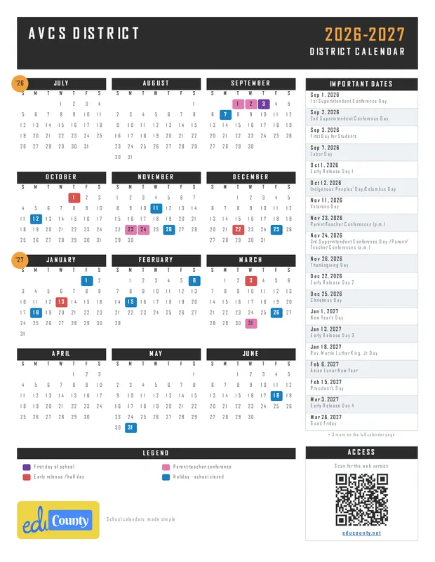 AVCS DISTRICT printable 2026-27 calendar