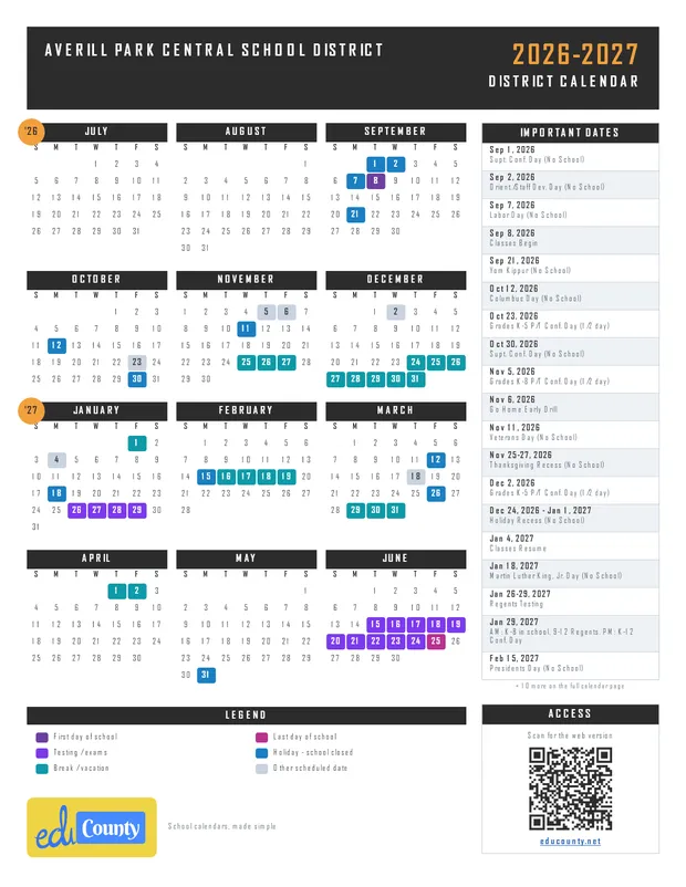 Averill Park Central School District printable 2026-27 calendar