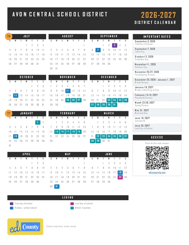 Avon Central School District printable 2026-27 calendar