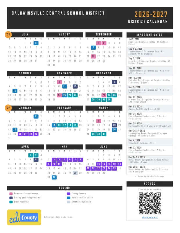 Baldwinsville Central School District printable 2026-27 calendar