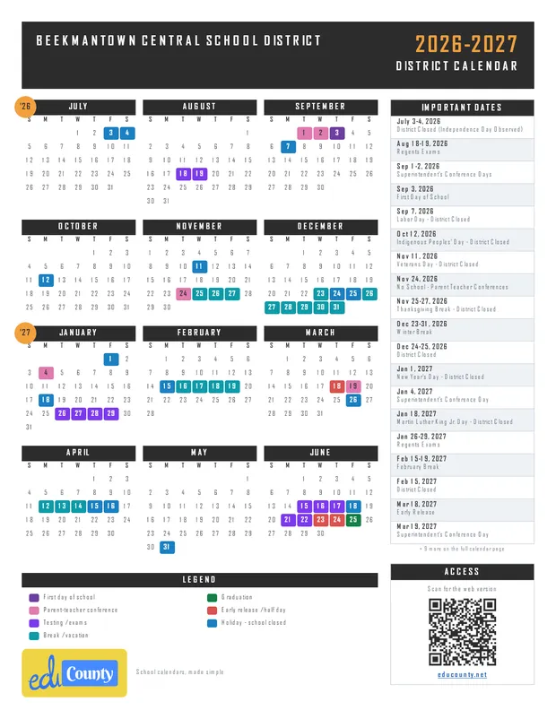 Beekmantown Central School District printable 2026-27 calendar