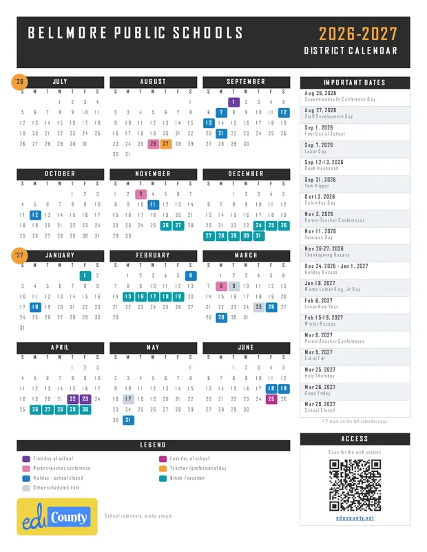 Bellmore Public Schools printable 2026-27 calendar
