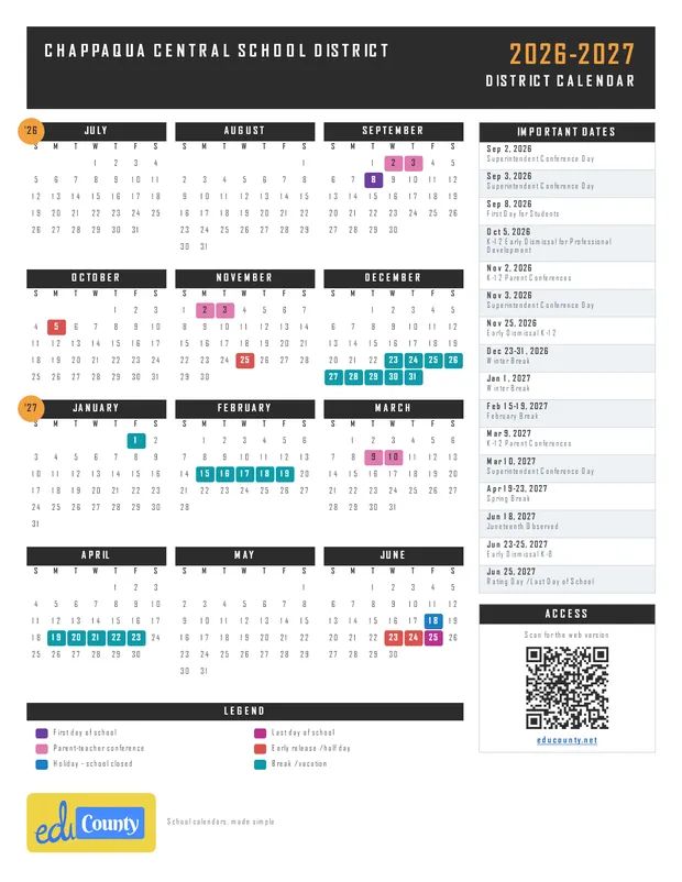 Chappaqua Central School District printable 2026-27 calendar