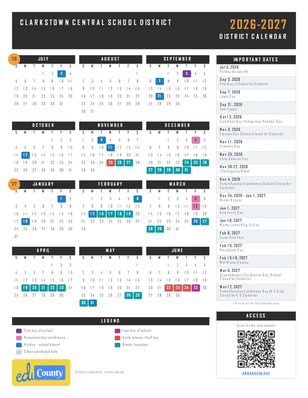 Clarkstown Central School District printable 2026-27 calendar