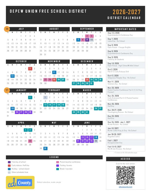 Depew Union Free School District printable 2026-27 calendar
