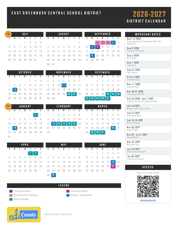 East Greenbush Central School District printable 2026-27 calendar