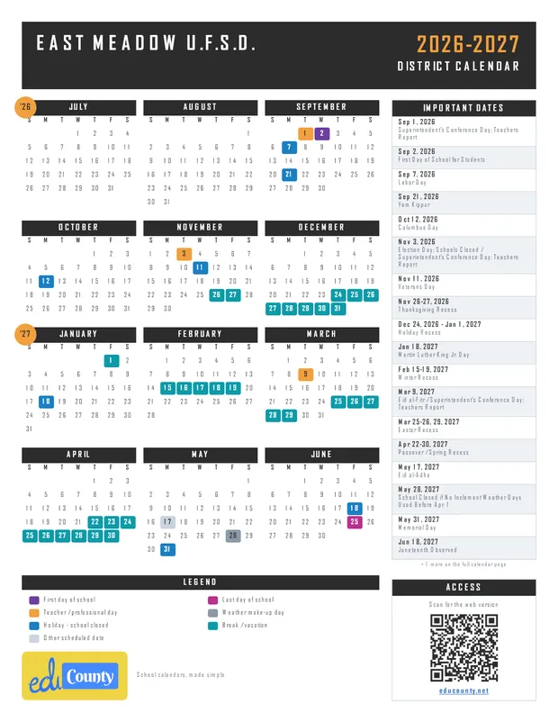 East Meadow U.F.S.D. printable 2026-27 calendar