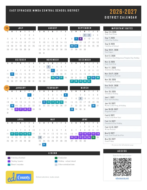 EAST SYRACUSE MINOA CENTRAL SCHOOL DISTRICT printable 2026-27 calendar
