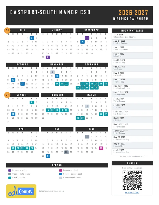 EASTPORT-SOUTH MANOR CSD printable 2026-27 calendar