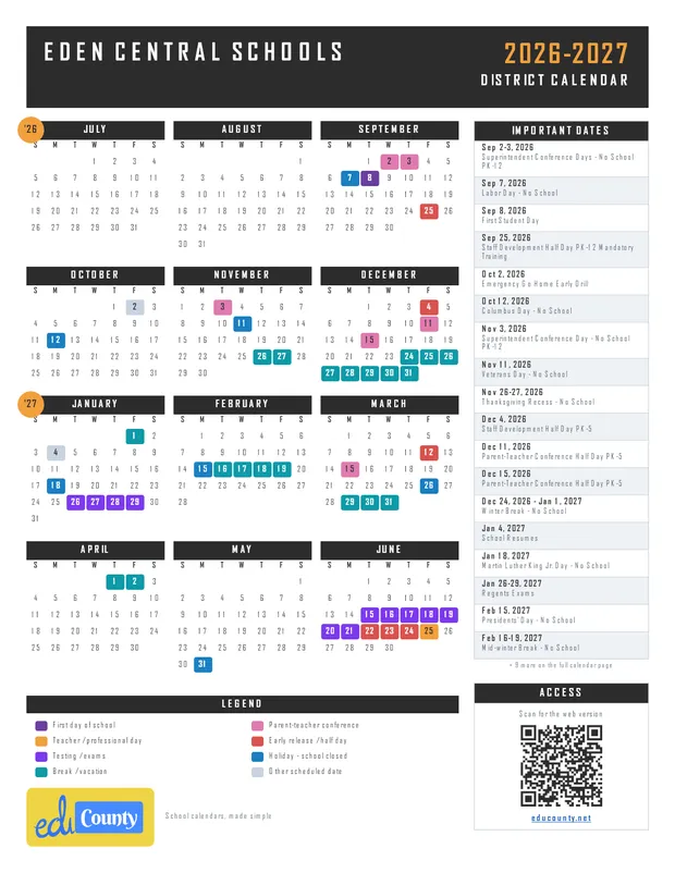 Eden Central Schools printable 2026-27 calendar