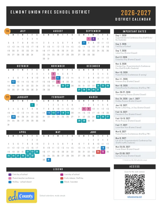 ELMONT UNION FREE SCHOOL DISTRICT printable 2026-27 calendar
