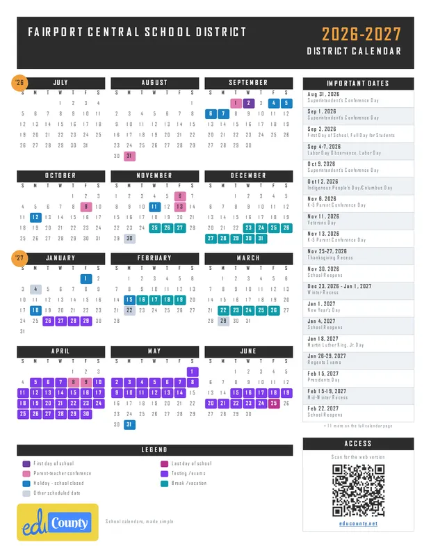 FAIRPORT CENTRAL SCHOOL DISTRICT printable 2026-27 calendar
