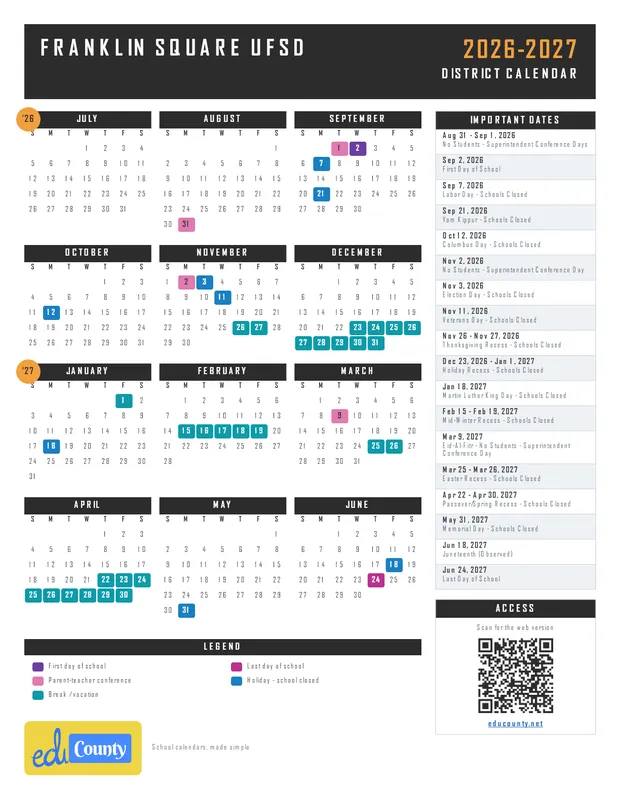 Franklin Square UFSD printable 2026-27 calendar