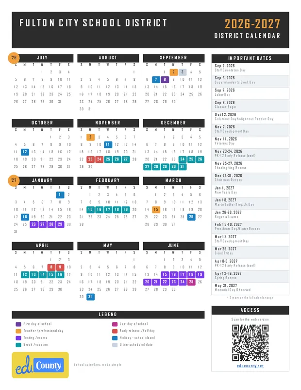 Fulton City School District printable 2026-27 calendar