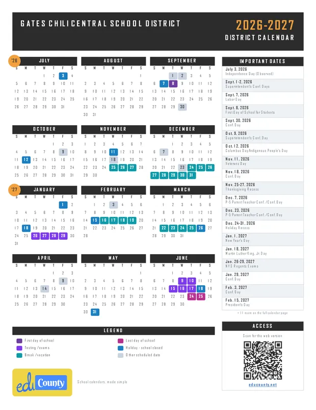Gates Chili Central School District printable 2026-27 calendar