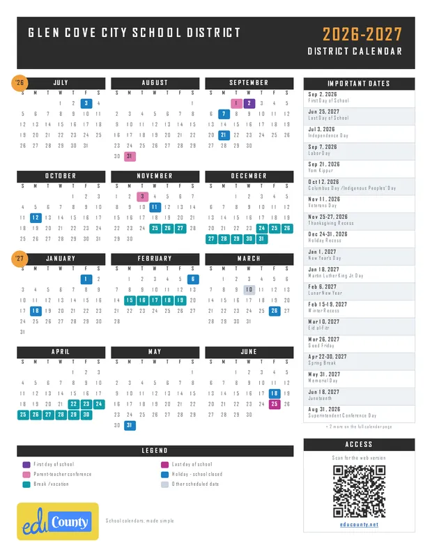 Glen Cove City School District printable 2026-27 calendar