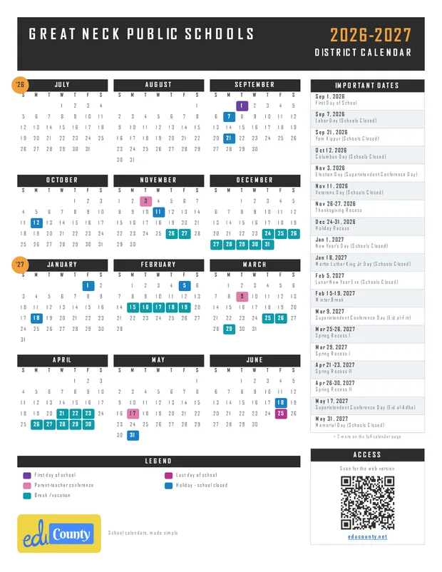 Great Neck Public Schools printable 2026-27 calendar