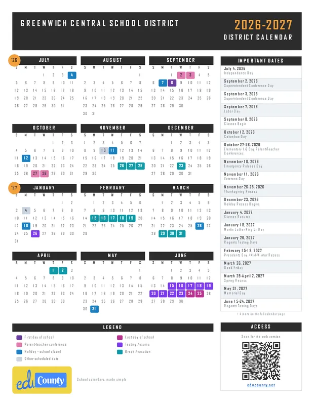 Greenwich Central School District printable 2026-27 calendar