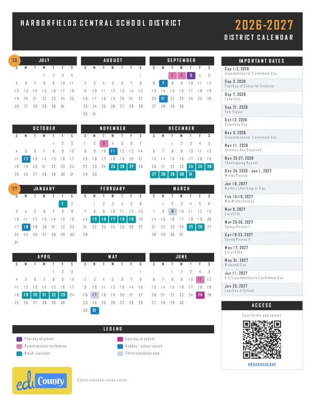 Harborfields Central School District printable 2026-27 calendar
