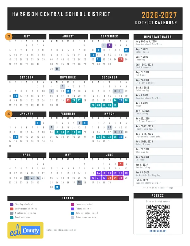 HARRISON CENTRAL SCHOOL DISTRICT printable 2026-27 calendar