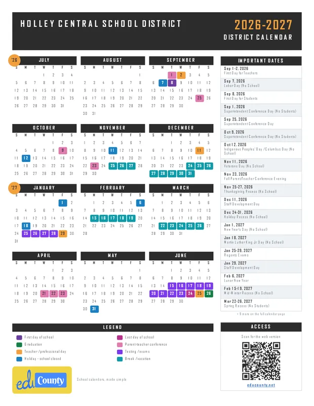 Holley Central School District printable 2026-27 calendar
