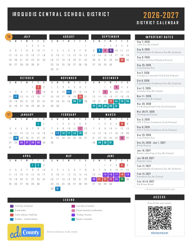 Iroquois Central School District printable 2026-27 calendar