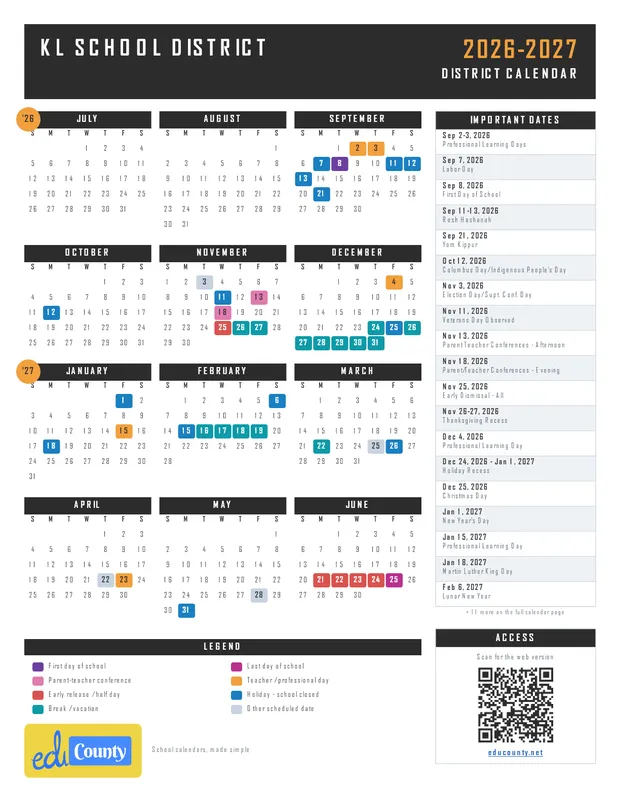 KL School District printable 2026-27 calendar