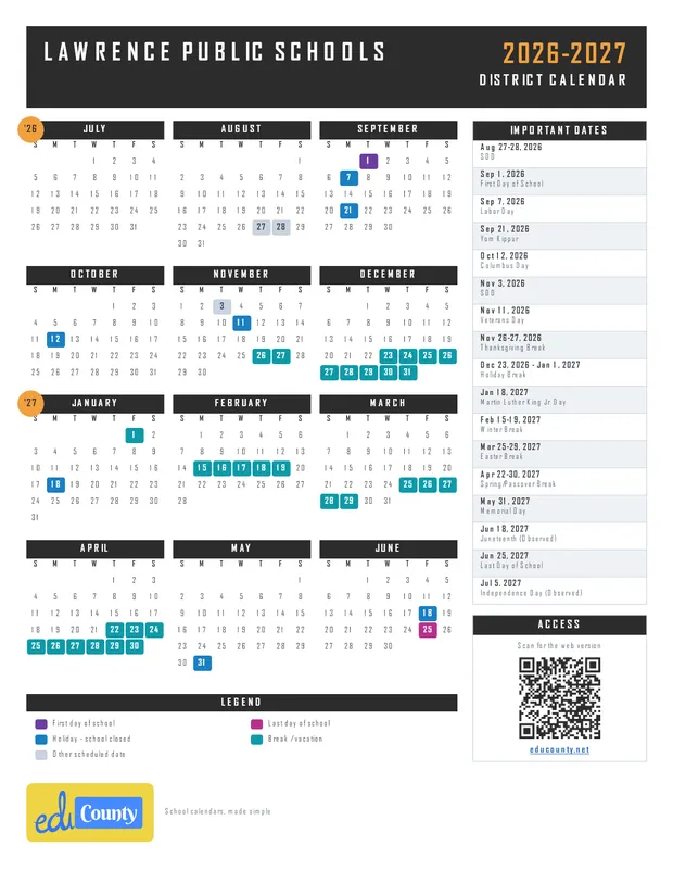 Lawrence Public Schools printable 2026-27 calendar
