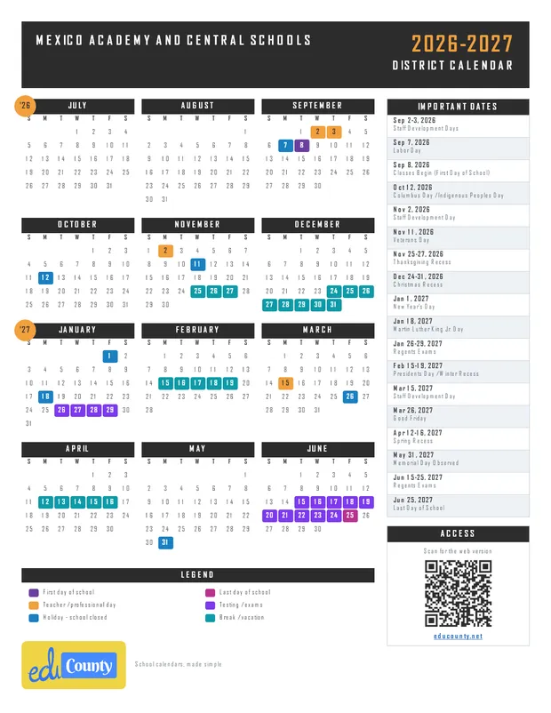 Mexico Academy and Central Schools printable 2026-27 calendar