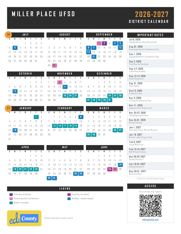 Miller Place UFSD printable 2026-27 calendar