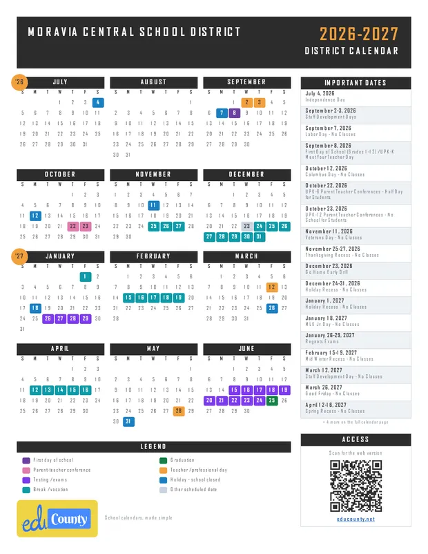 Moravia Central School District printable 2026-27 calendar