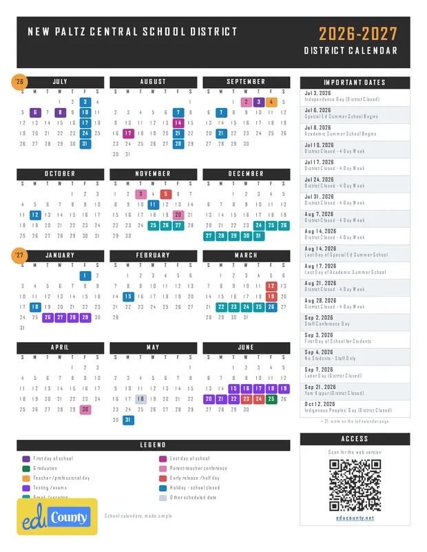 New Paltz Central School District printable 2026-27 calendar