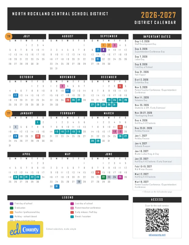 North Rockland Central School District printable 2026-27 calendar