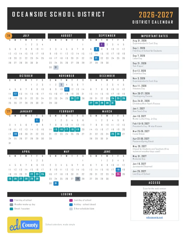 OCEANSIDE SCHOOL DISTRICT printable 2026-27 calendar