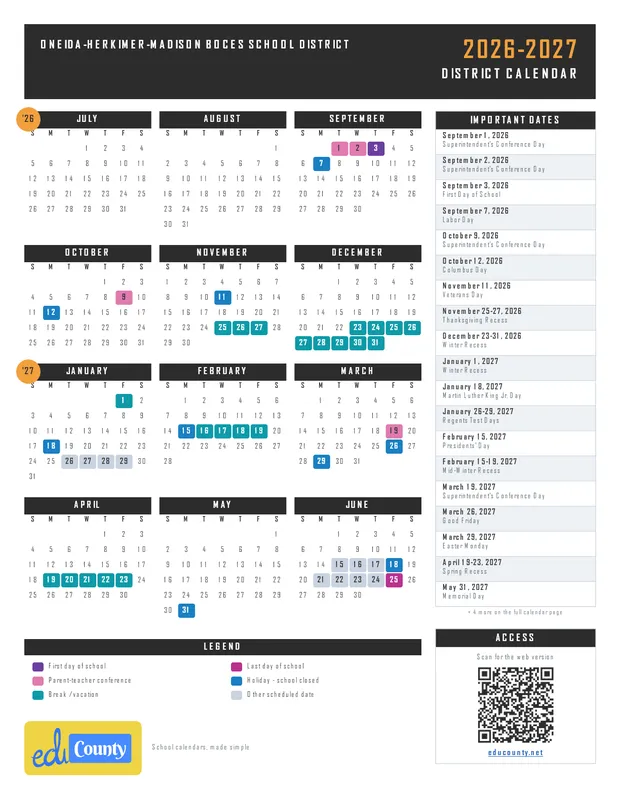 Oneida-Herkimer-Madison BOCES School District printable 2026-27 calendar