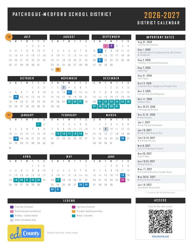 Patchogue-Medford School District printable 2026-27 calendar
