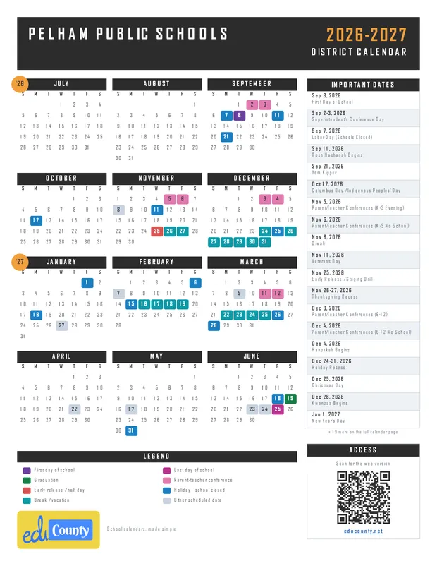 Pelham Public Schools printable 2026-27 calendar