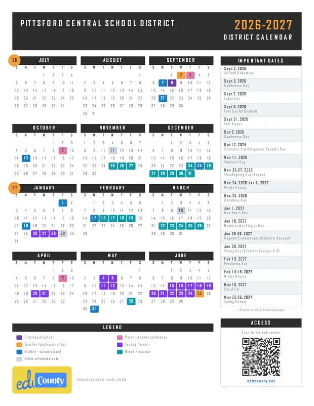 PITTSFORD CENTRAL SCHOOL DISTRICT printable 2026-27 calendar