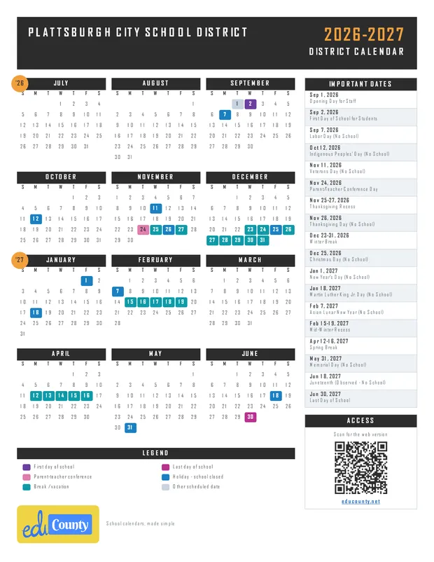 Plattsburgh City School District printable 2026-27 calendar