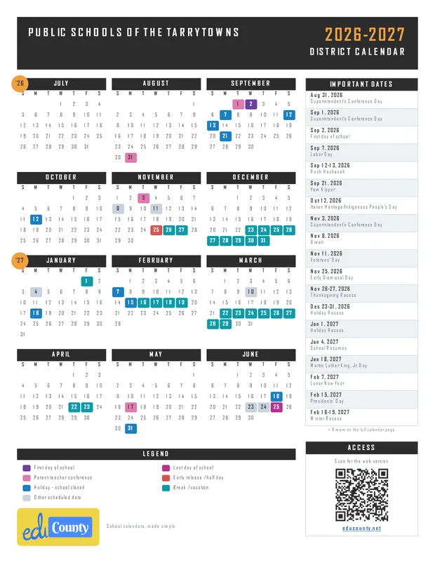Public Schools of the Tarrytowns printable 2026-27 calendar