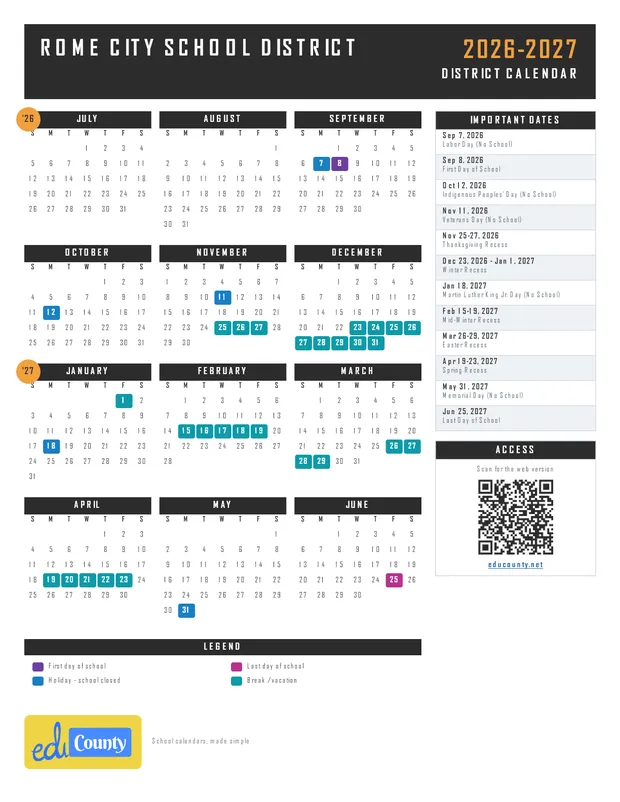 Rome City School District printable 2026-27 calendar