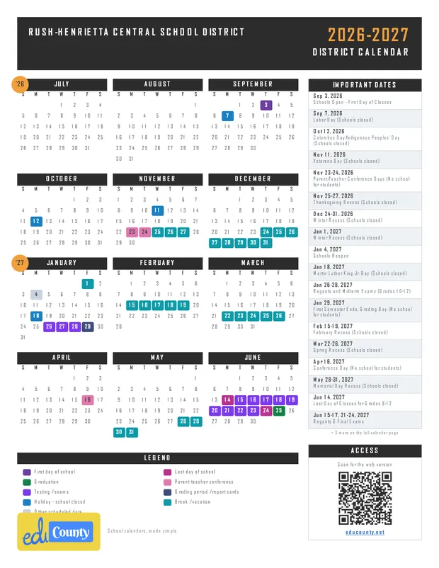 Rush-Henrietta Central School District printable 2026-27 calendar