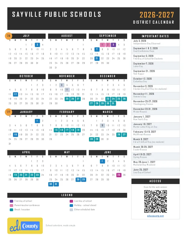 Sayville Public Schools printable 2026-27 calendar
