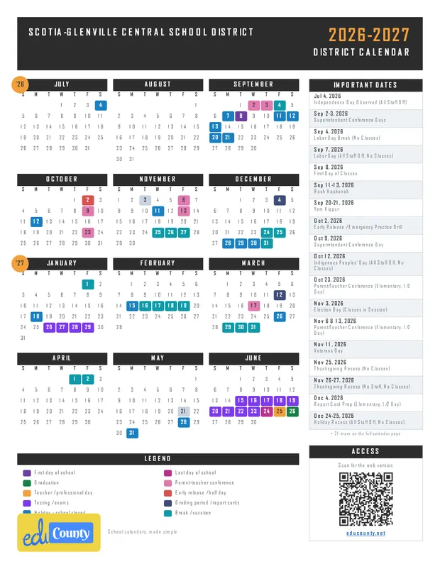 Scotia-Glenville Central School District printable 2026-27 calendar