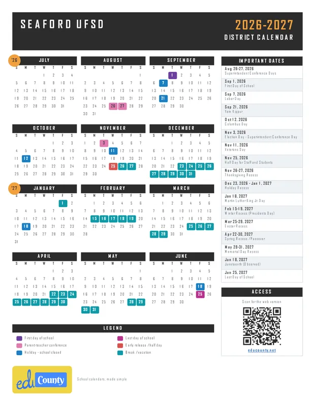 Seaford UFSD printable 2026-27 calendar