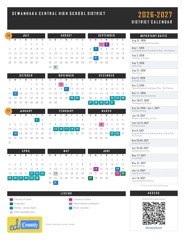 Sewanhaka Central High School District printable 2026-27 calendar