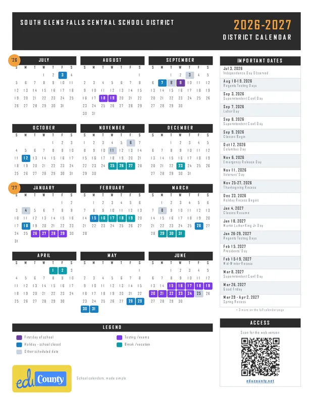 South Glens Falls Central School District printable 2026-27 calendar