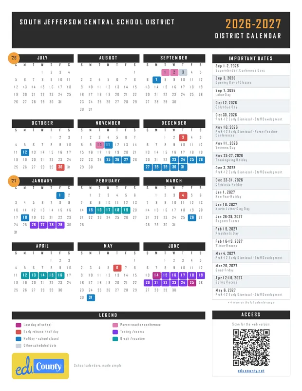 South Jefferson Central School District printable 2026-27 calendar