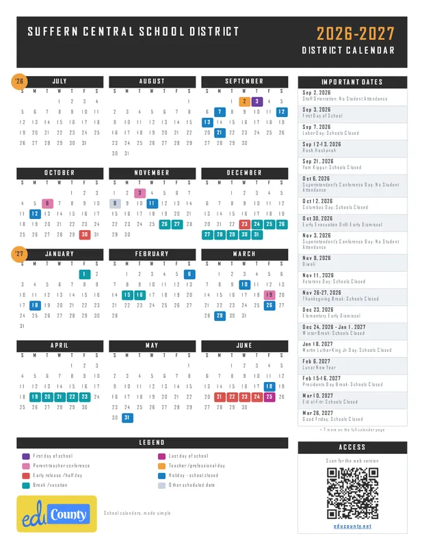 Suffern Central School District printable 2026-27 calendar