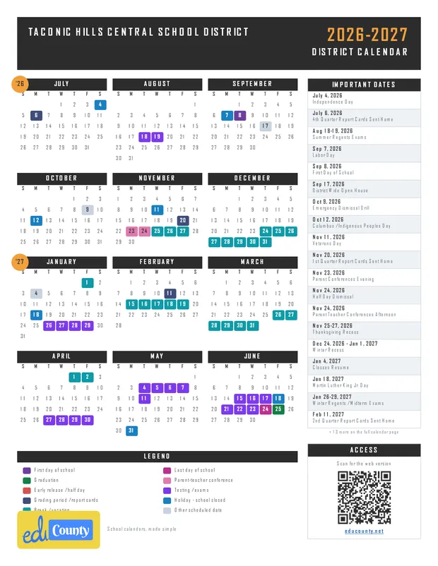 Taconic Hills Central School District printable 2026-27 calendar